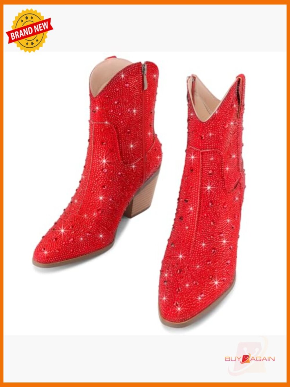 Cowgirl Ankle Boots Western Booties Rhinestone Chunky Heel Fashion Side Zipper - Picture 5 of 7